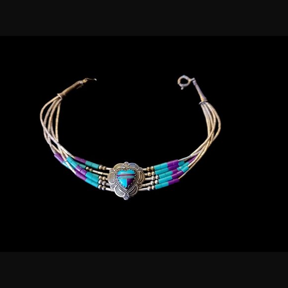 Navajo 925 Sterling Silver Liquid Silver 5 Strand Turquoise Heart Bracelet 7.25" - Picture 2 of 13